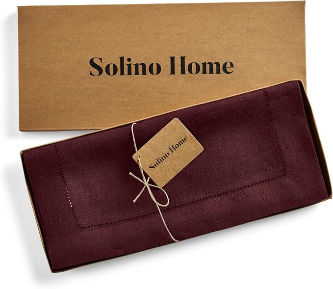 Solino Home Linen Table Runner 48 Inches - 100% Pure Linen Burgundy Hemstitch Table Runner 14 x 48 Inch Ideal for Dresser and Coffee Tables - Classic Hemstitch