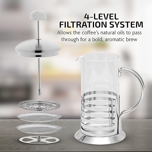 OVENTE French Press Coffee Maker 12 Ounce with Heat Resistant Borosilicate Glass, Stainless Steel Design and 4-Level Filter System, Portable Cold Brewer Pot for Travel, Camping or Gift, Silver FSH12S