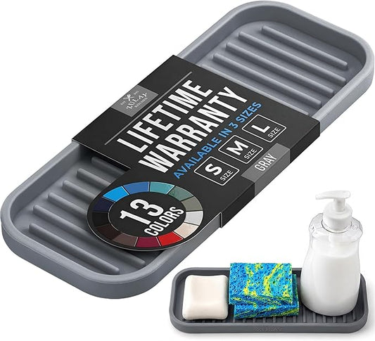 Zulay Kitchen (9x3.5in Sponge Holder for Kitchen Sink - Flexible Heavy-duty Multipurpose Sink Caddy - Counter Organizer for Kitchen, Bathroom, Makeup, Trinkets & More! (Grey)