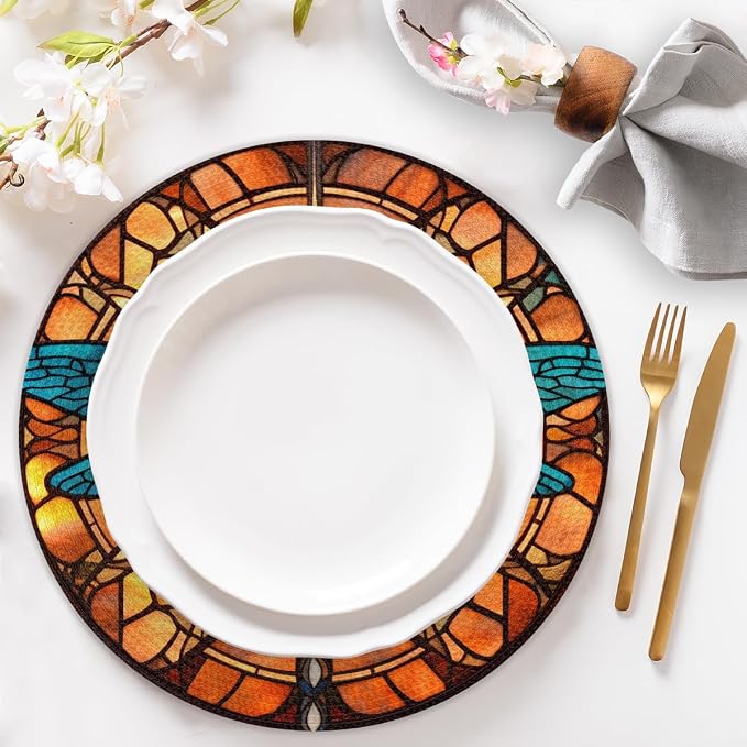 Round Placemats Set of 6, Dragonfly Glass Background Woven Placemats Mats Non-Slip Heat Resistant Washable Table Mats Round Braided Place for Farmhouse Kitchen Dining Party Decor 15in