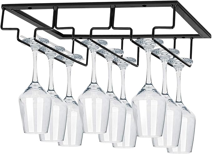 MOCOUM Under Cabinet Stemware Rack, Glass Hanger Rack - Wire Wine Glass Holder Storage Hanger for Cabinet Kitchen Bar (3 Rows)