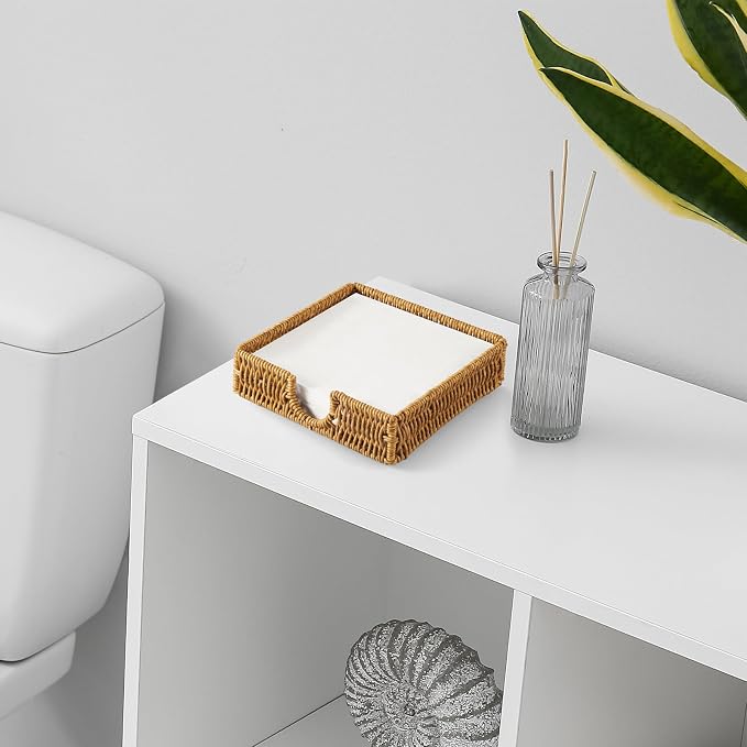 Napkin Holder for Table, Woven Wicker Synthetic Rattan Napkin Holders For Paper Napkins, Napkin Holders for Kitchen Dinner Table Boho Decor and Accessories, Square Napkin Basket and Serving Tray