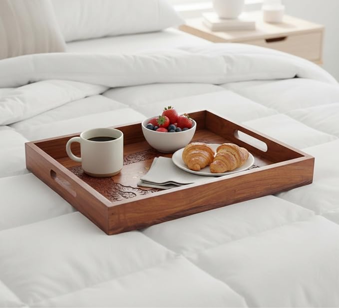 15-Inch Acacia Wood Serving Tray with Handles – Large Rectangular Wooden Ottoman Tray for Breakfast in Bed, Dinner & Coffee Table - Decorative Serving Platter