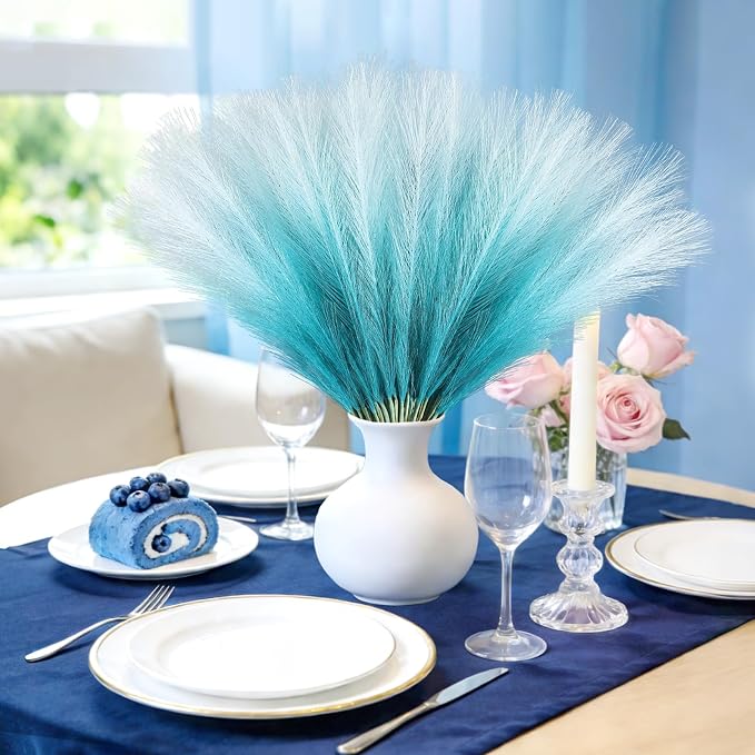 TORONTOKYO Light Blue Pampas Grass Decor, 50Pcs 21.6 inch Artificial Short Faux Pompas Grass, Boho Neutral Home Decor Bouquet for Floor Vase, Wedding, Party, Farmhouse, Bedroom Decor (Sky Blue)