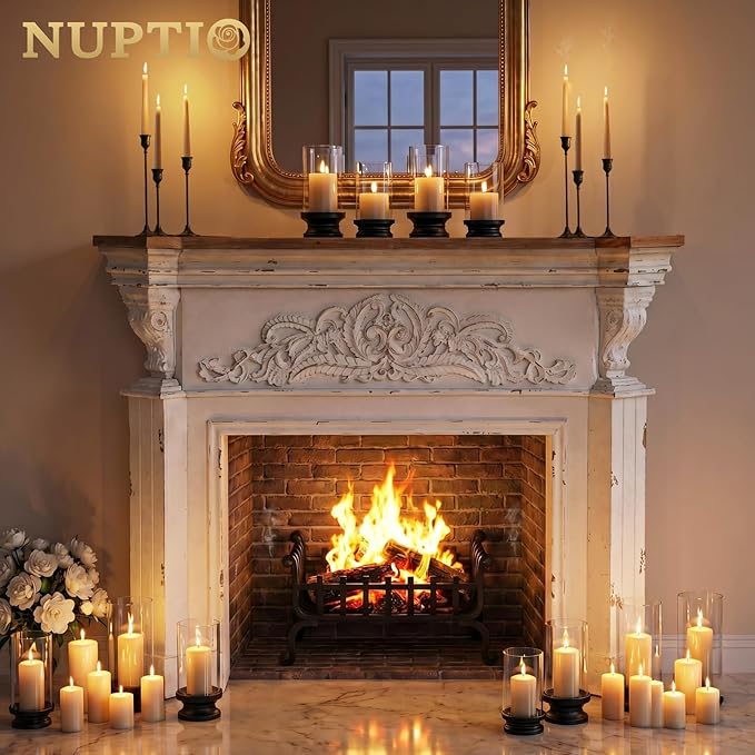 NUPTIO Hurricane Glass Candle Holder: Set of 2 Black Pillar Candle Holders with Glass Cylinder - Metal Pillars Candleholder for Halloween Thanksgiving Fireplace Living Room Decor