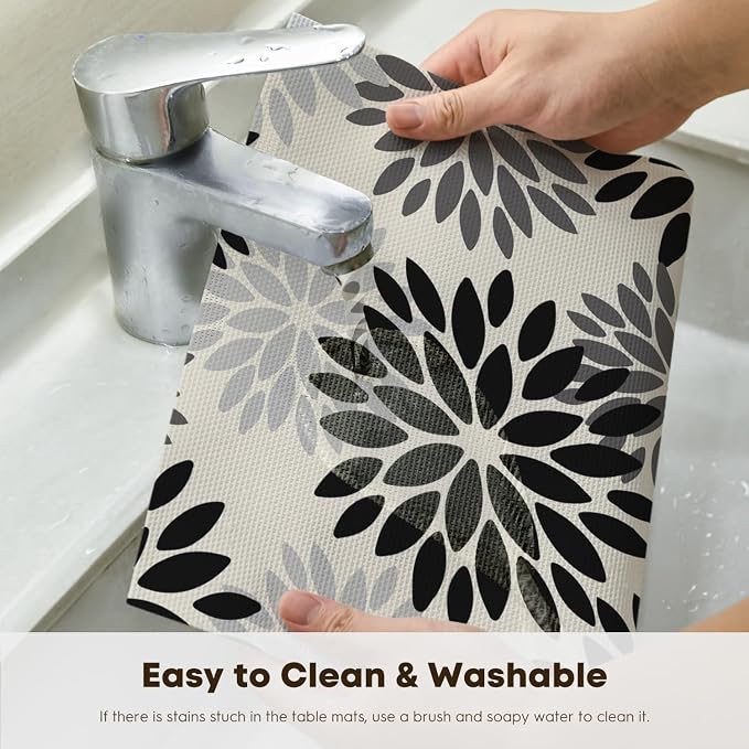 Artoid Mode Floral Vinyl Placemats Set of 4, Heat Resistant Washable Non-Slip Plastic PVC Place Mats for Party Kitchen Dining Decor