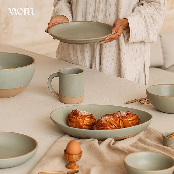 MORA Medium Mugs Set of 4, 16oz Ceramic Pottery Latte Mugs/Coffee Cups - Microwave and Dishwasher Safe - Thyme