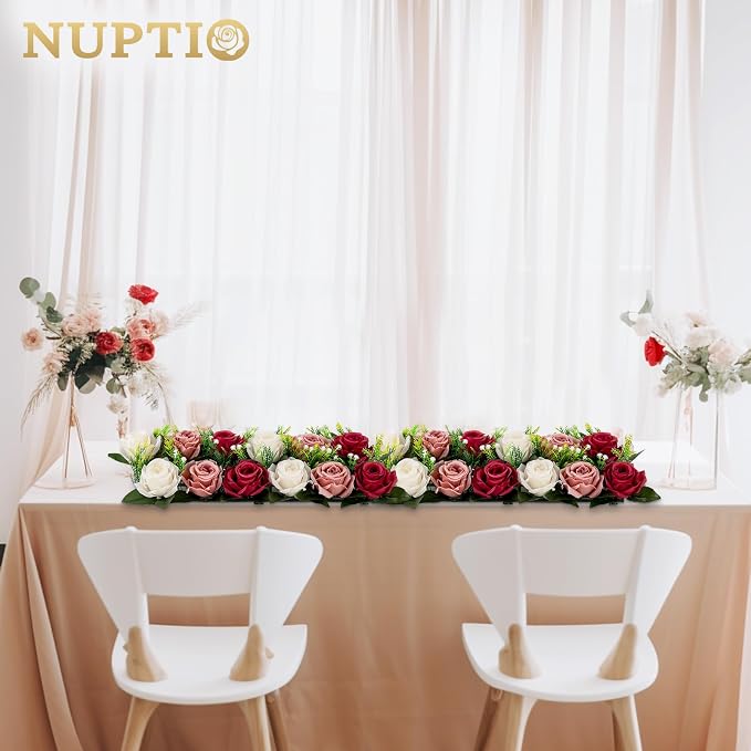 NUPTIO Artificial Flower Centerpieces for Tables - 6 Pcs Burgundy & Dusty Rose & Creamy White Flowers 19.6in Long Fake Roses Arrangements - Faux Floral Arrangement for Wedding Centerpiece