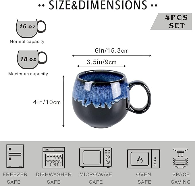 UNICASA Coffee Mugs Set, 18oz Ceramic Jumbo Mugs Set of 4, Porcelain Cereal, Soup Cups with Handles for Coffee, Tea, Milk, Latte and Cocoa, Microwave Safe - Reactive Blue