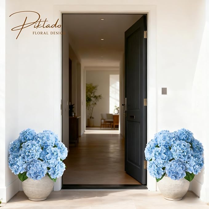 A Bunch 21in, Real Touch Hydrangea Artificial Flowers, with 5pcs Flower Head 10pcs Leaves, Faux Hydrangea Flowers for Home Office Decor Wedding Party Arrangements (1, Blue)