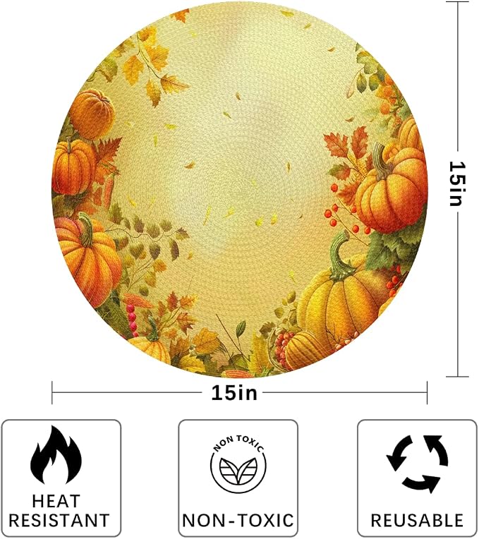 Round Placemats Set of 4, Autumn Pumpkin Maple Leaves Woven Placemats Mats Non-Slip Heat Resistant Washable Table Mats Round Braided Place for Farmhouse Kitchen Dining Party Decor 15in