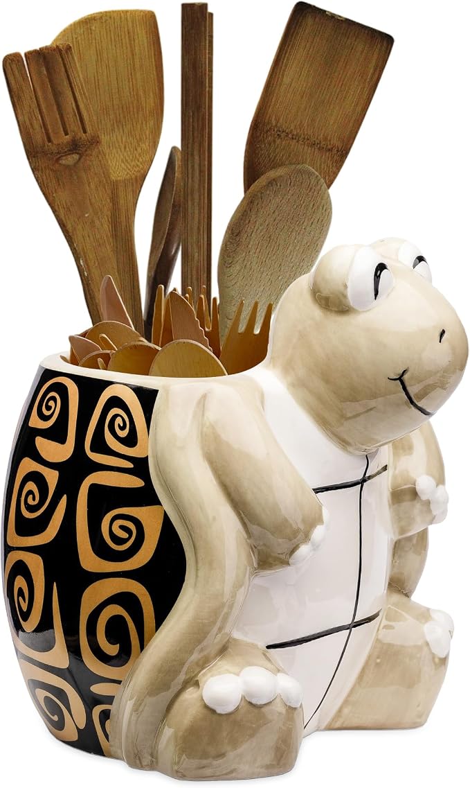 Turtle Kitchen Utensil Holder - Sea Turtle Storage Crock - Tortoise Home Decorations - Gift Decor - Office Holiday Theme Party Accessories - Lucky Gold Spirals