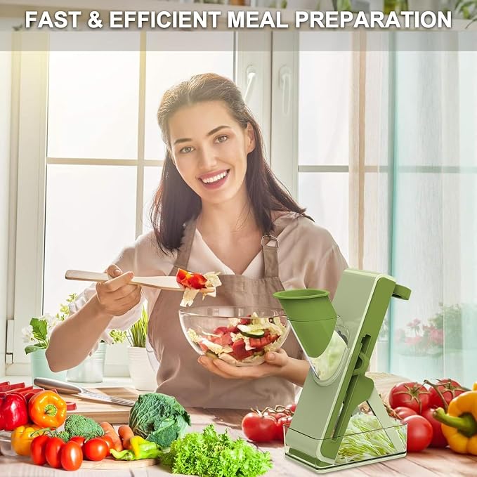 Eletronova Safe Mandoline Slicer for Kitchen, Vegetable Slicer with Container, French Fry Cutter, All in 1 Julienne Slicer for Potato, Thickness Adjustable, Detachable Blade (Green)