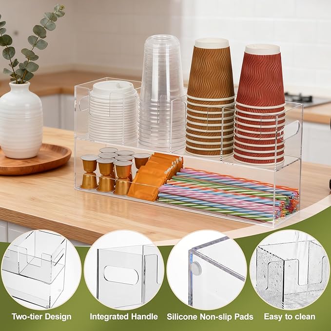 MYITYARD Cup Storage Organizer, Coffee Station Caddy, Clear Acrylic Cup and Lid Holder, Coffee Condiment Bar Accessories for Pods, Sugar, Creamer, Syrup, 5 Compartments