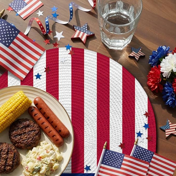 4th of July Round Placemats Set of 8 American Flag Place Mats Independence Day Woven Placemat Red White and Blue Star Stripes Circle Braided Table Mat for Kitchen Dining Table Party Decor 15 Inch