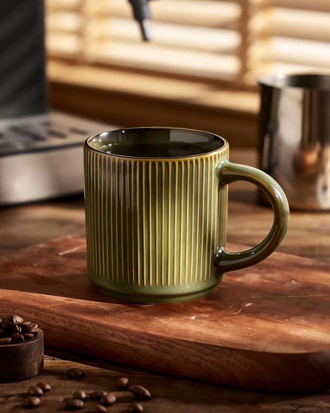 famiware Coffee Mug Set for 6, Star 12 oz Catering Mugs Cup Set with Handle for Coffee, Tea, Cocoa, Milk - Ceramic Stoneware Drinkware Set, Moss
