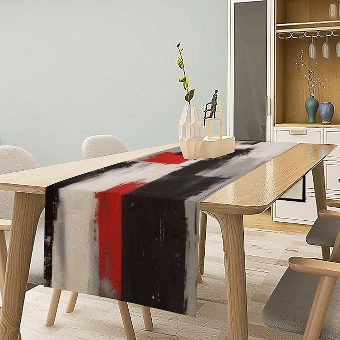 Abstract Red Grey Table Runner Vintage Black White Modern Art Burlap Table Dinner Runner for Farmhouse Cabin Coffee Kitchen Dining Holiday Party Home Decoration 13x36in
