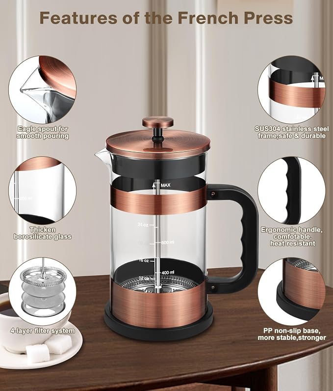 French Press Coffee Maker - 34 Ounce Classice Stainless Steel Coffee Press with 4-Level Filtration System, Heat Resistant Thickness Borosilicate Glass French Press Coffee Pot for Camping Travel Gift