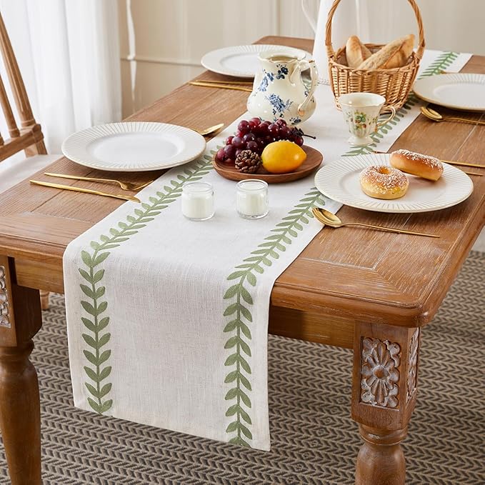 Wracra Embroidered Table Runner Irregular Willow Leaf Table Runners 90 Inches Long for Dresser Home Dining Table Decor,14 x 90 Inch, Light Sage Green