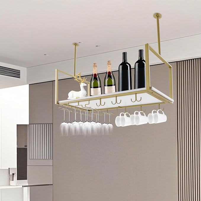 Industrial Wall Mounted Wine Rack with Glass Holder Shelf, Metal Ceiling Hanging Stemware Rack, Floating Storage Shelf for Bar Cafe Kitchen Restaurant