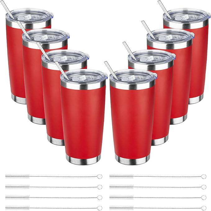 20oz Tumbler with Straw and Brush, Stainless Steel Vacuum Insulated tumbler, Double Wall Insulated Coffee Tumbler for Outdoor, Home, Travel,Office (Bright Red,8pcs)