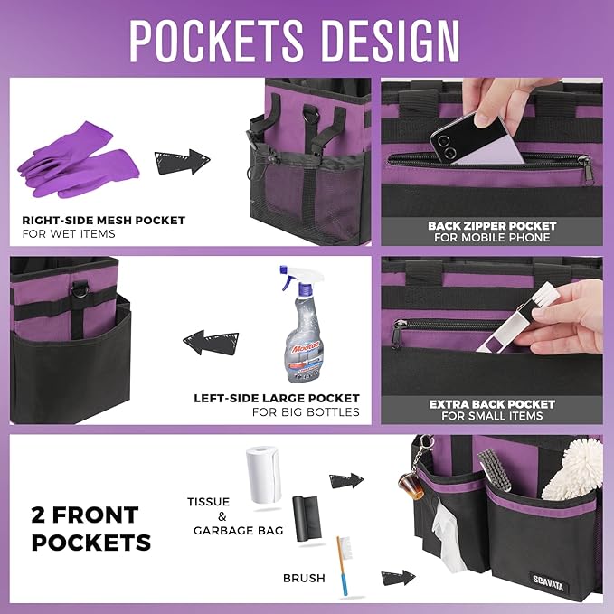 SCAVATA Compact Wearable Cleaning Caddy, Small Cleaning Caddy Supplies Organizer with Handle & Shoulder Straps for Housekeepers, Under Sink & Car Cleaning Tool Organizers Bag (RoyalPurple)