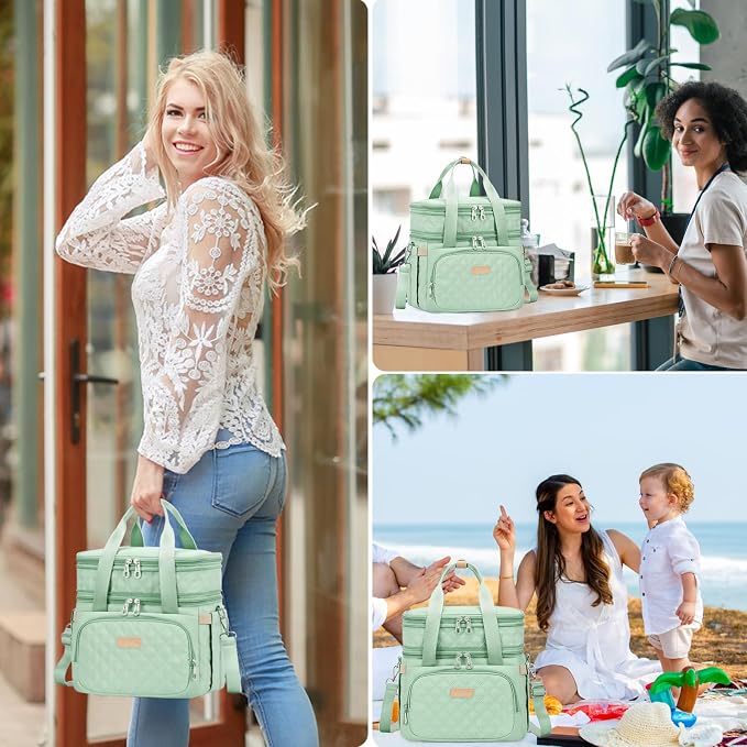 AIJIEKE Insulated Lunch Bag for Women, Large Double Deck Lunch Box for Work, 100% Leakproof Reusable Cooler Tote with Expandable Pockets & Adjustable Strap for Beach, Picnic, Green