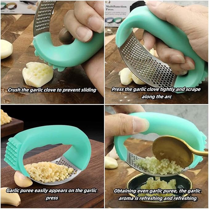3-in-1 Stainless Steel Garlic Press with Peeler & Brush - Professional Heavy Duty Garlic Mincer, Dishwasher Safe Kitchen Gadgets for Cooking, Easy Clean Design (Black)