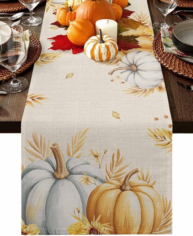 Fall Pumpkins Table Runner - 120 Inch Long, Grey Golden-yellow Pumpkin Thanksgiving Dining Table Runner Dresser Scarves, Maple Leaf Farm Harvest Decor for Coffee Table Wedding Party Banquet, 13x120 in