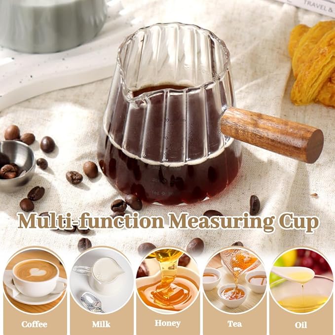 2Pcs Espresso Shot Glass, FHDUSRYO 6oz Espresso Cups with 2Pcs Coffee Measuring Spoon, Expresso Shot Cup with V-Shape Mouth, Milk Frothing Pitcher, Glass Measuring Cup Expresso Accessories (Clear)