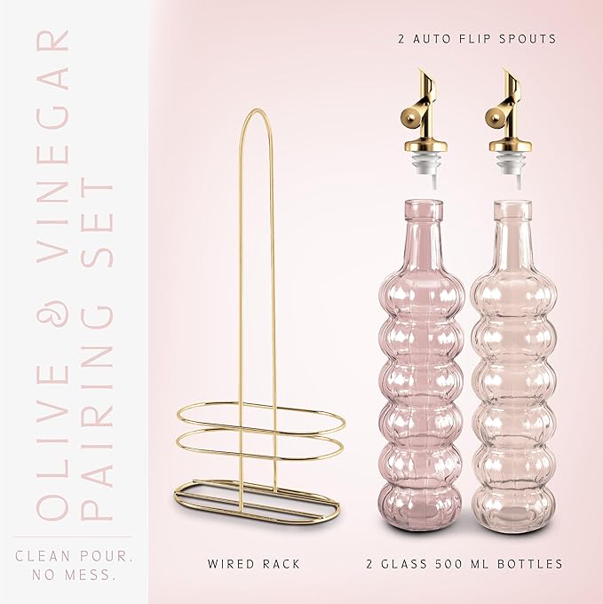 COOK WITH COLOR Glass Olive Oil Bottle Dispenser - 2 Pack- 17oz Oil and Vinegar Cruet - Olive Oil Carafe Decanter for Kitchen, Elegant Waves, Pink