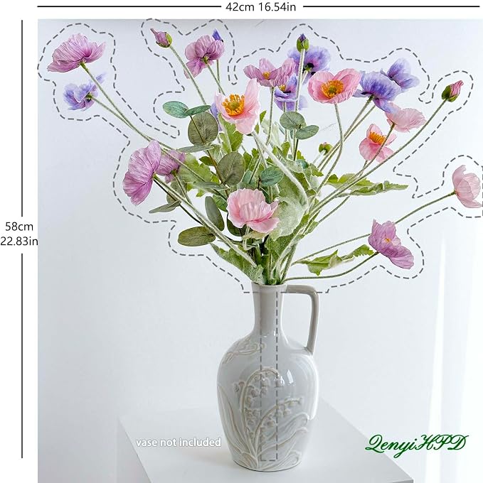 Artificial Poppy Flowers with Eucalyptus Stems, 6pcs Faux Poppy + 2pcs Fake Eucalyptus Branches, Flocked Flexible Wire Stems, Silk Petals, Realistic Faux Greenery for Home Table Decor