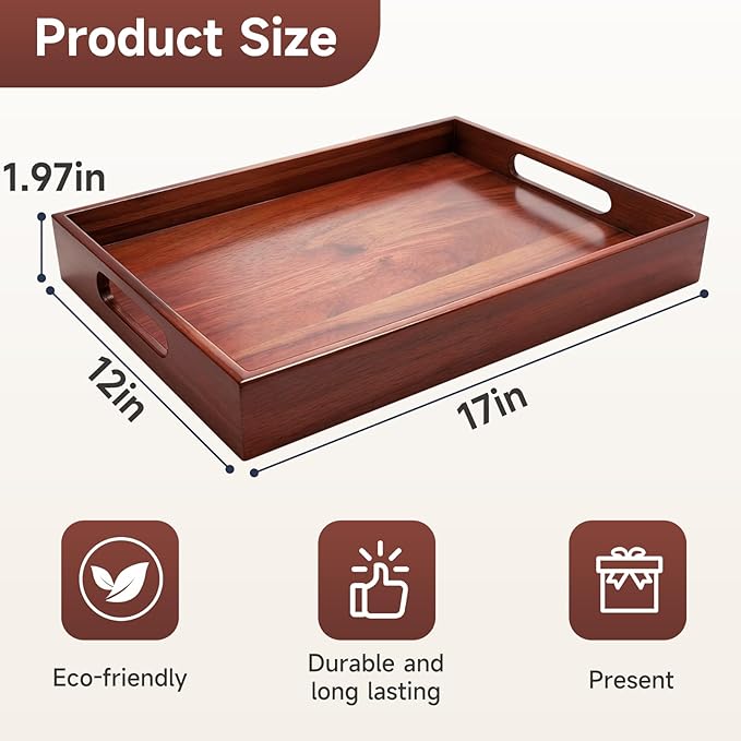 Acacia Wood Serving Tray with Handles, 17 x 12 Inch Large Wooden Tray for Food & Drinks, Coffee Table, Ottoman, Breakfast in Bed – Includes Free Leather Mat