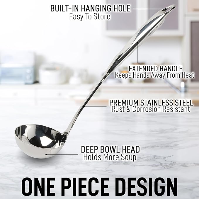 Zulay Kitchen Stainless Steel Soup Ladle - 13” Large Ladle for Soups, Stews & Sauces - Durable, Heat-Resistant, Rust-Proof & Dishwasher Safe Kitchen Utensil with Ergonomic Handle