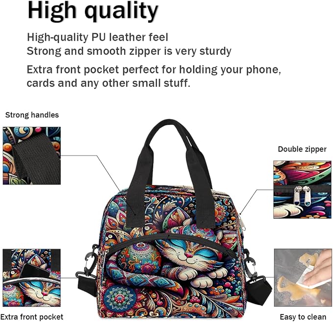Pardick Art Cat Flower Insulated Lunch Bag for Women Leakproof Lunch Box Large Cooler Thermal Tote Bag with Shoulder Strap Meal Prep Bags for Work School Office Picnic Teen Girls Adult