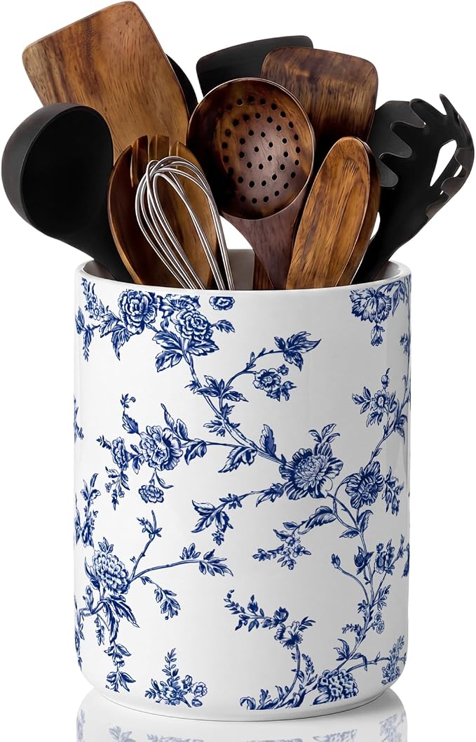 Suclain Blue Floral Ceramic Utensil Holder 6.3 Inch Chinoiserie Vintage Kitchen Crock Blue and White Floral Countertop Storage Organizer for Spatulas and Spoons Home Cooking Unique Gift Idea