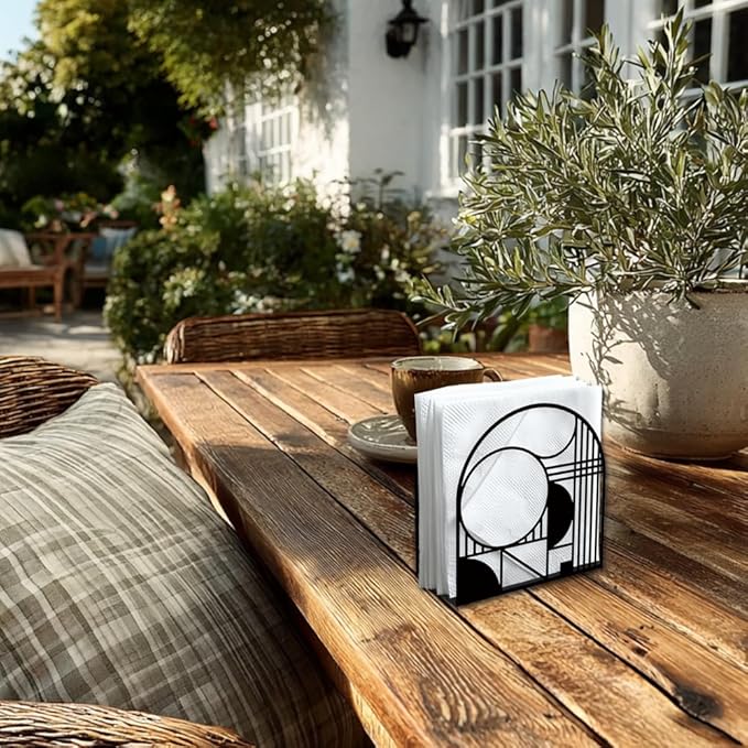 Modern Geometric Decorative Black Metal Napkin Holder for Table, 5.3" x 4.9" x 1.9" Curves Straight Lines Standing Napkin Holder for Home Kitchen Restaurant Picnic Coffee Bar Dining Room