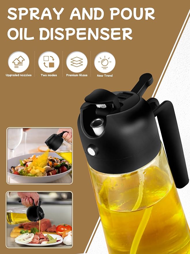 Kitchen Gadgets Oil Sprayer for Cooking 2pcs,Oil Dispenser for Kitchen,2 in 1 Oil Dispenser and Oil Sprayer,16oz Olive Oil Dispenser Bottle for Air Fryer,Salad, Grill (Black KitchenAccessories)