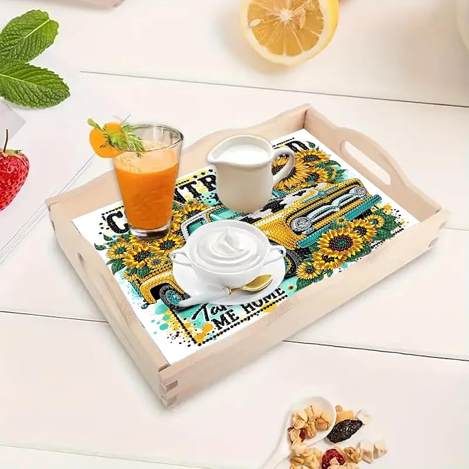 BAYUNOE DIY Diamond Serving Tray Rectangular Breakfast Tray with Handle Handmade Diamond Art Painting Wooden Tray Spring Creative Dinner Plate Coffee Room Living Home Organizer-Sunflower Car
