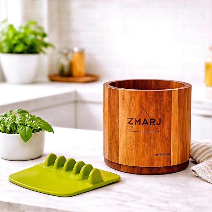 Acacia Wood Utensil Crock Pair With Green Spoon Rest Holder perfect for Kitchen Counter, Rotating 360° Wooden Utensil Holder, Countertop Decor, Utensil Organizer
