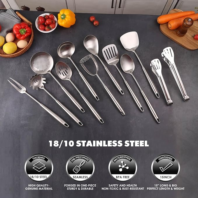 18/10 Stainless Steel Kitchen Utensils Set - 12 PCS All Metal Cooking Tools & 15″ Serving Utensils - Potato Masher, Meat Fork, Tongs, Turner, Pasta, Serving Spoon, Skimmer, Ladle, Spatula Spoon Set