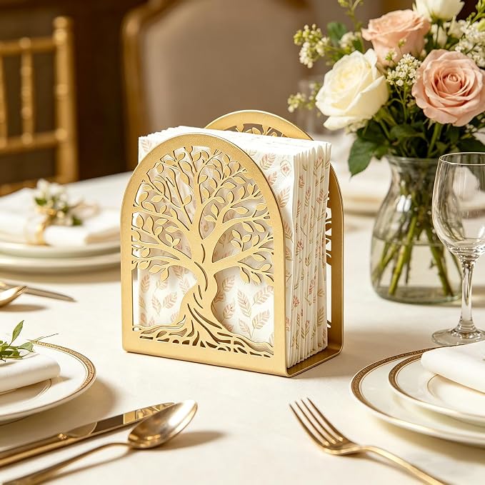 Napkin Holder for Table, Tree of Life Decorative Metal Napkin Dispenser for Kitchen Dining, Countertop, Coffee Bar Tabletop Decor, Restaurant and Outdoor Use Gold