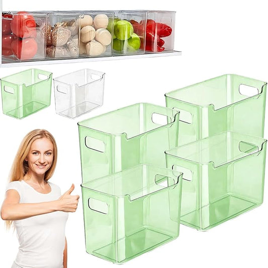 4PC Crystal Clear Freezer Storage Bins, 4 Pack Clear Plastic Bins For Bottom Freezer Drawer Organizer, Stackable Pantry Bins With Handles For Frozen Food Meat Veggies (Green, M)