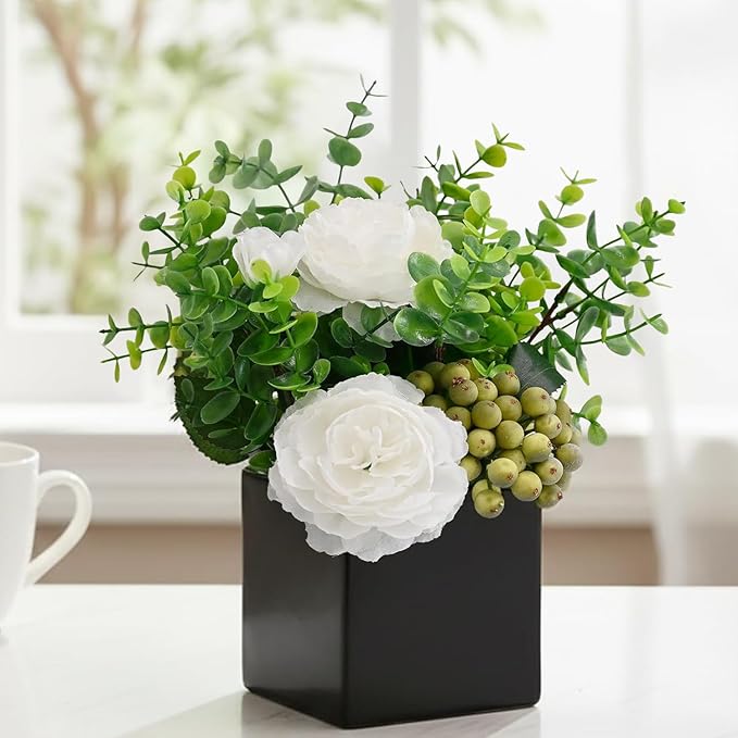 Artificial Flower Arrangement in Black Vase，Floral Centerpiece Table Decor | ﻿ White Artificial Rose Flower Arrangement Set, Faux Eucalyptus Berry Bouquet with Black Square Ceramic Pot for Table Decor