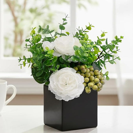 Artificial Flower Arrangement in Black Vase，Floral Centerpiece Table Decor | ﻿ White Artificial Rose Flower Arrangement Set, Faux Eucalyptus Berry Bouquet with Black Square Ceramic Pot for Table Decor