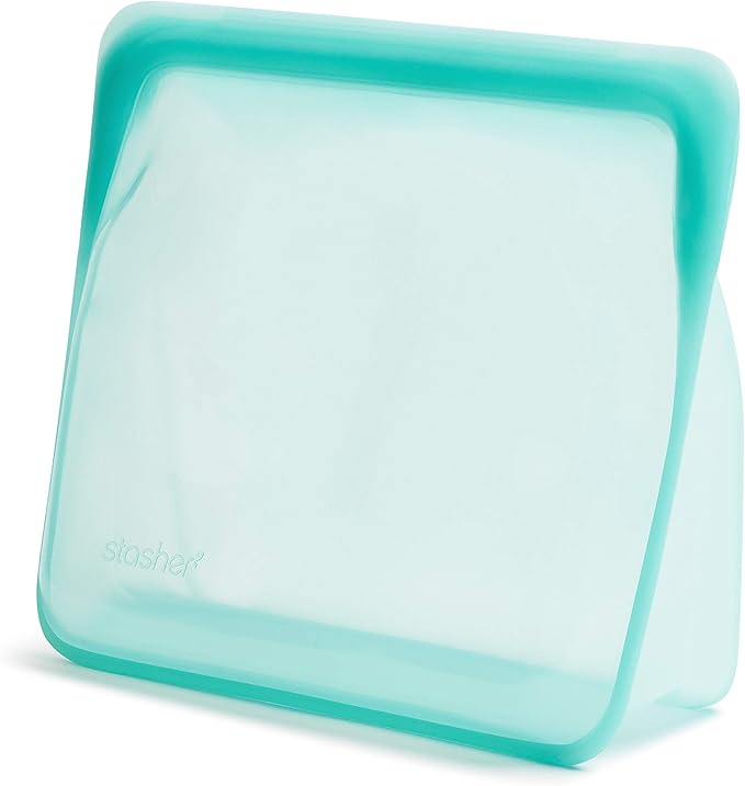 Stasher Reusable Silicone Storage Bags, Food Storage Containers, Microwave and Dishwasher Safe, Leak-free, Stand Up - Mid (Clear) and Mega (Aqua)