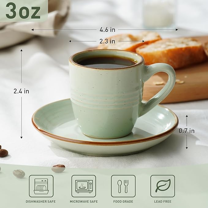 famiware amiware Jupiter Espresso Cups and Saucers Set of 4, 3 oz Ceramic Small Coffee Mug with Handle, Spiral Stoneware Demitasse Cup for Tea, Latte, Cafe - Microwave & Dishwasher Safe, Light Green