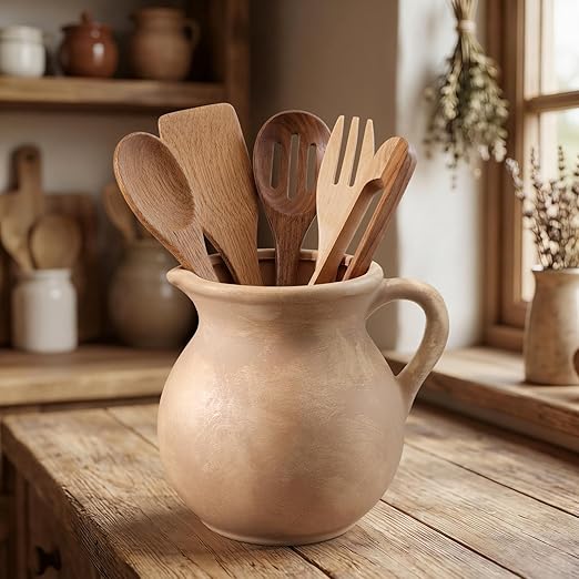 Potchen Rustic Kitchen Utensil Holder with Handle,7.48" H Ceramic Vintage Utensil Crock for Countertop, Farmhouse Kitchen Decoration Ceramic Pot for Spatulas Spoons Tongs(Classic,Antique Beige)