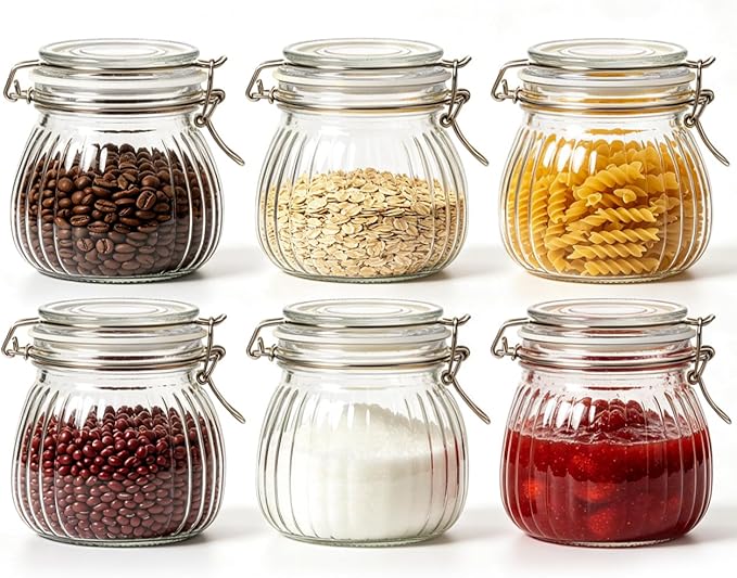 ComSaf 6-Pack 17oz Ribbed Glass Storage Jars with Airtight Clamp Lids, Decorative Wide Mouth Pint Canisters for Jam, Spices, Nuts, Coffee Beans, Snacks, Honey - Kitchen Pantry and Drawer Organization