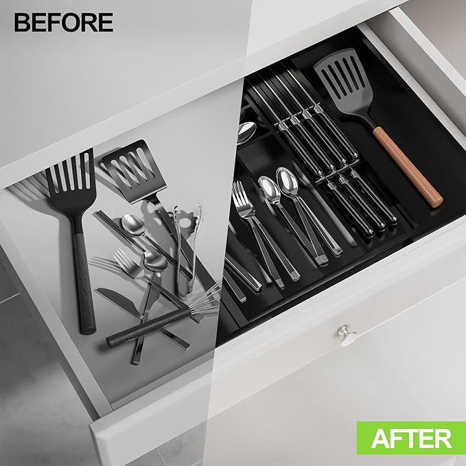 Bamboo Kitchen Drawer Organizer, Expandable Silverware Organizer with Removable Knife Block, 6-8 Slots- Utensil Holder & Cutlery Tray Drawer Dividers, 2.36" Deep for Extra Capacity, Black